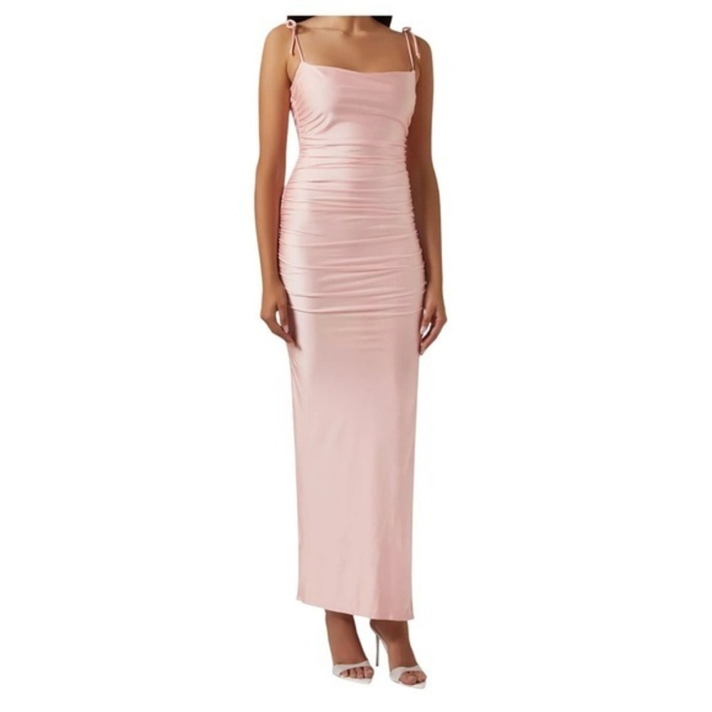 Good American Pink Ruched Spaghetti Strap High‎ Slit Deep V Back Maxi Dress